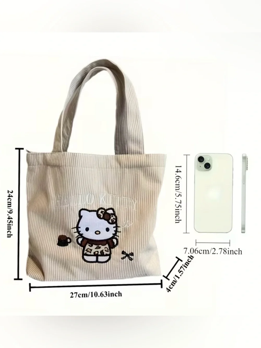 HELLO KITTY Corduroy Cream White Leopard Kitty Tote Bag - Picture 3 of 8